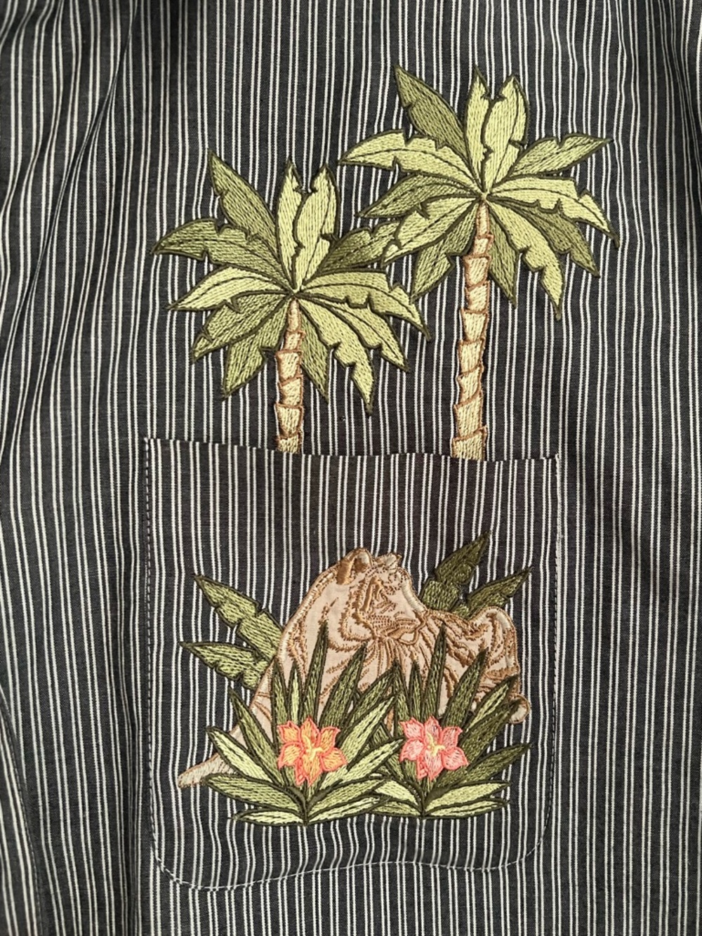 Karen Scott Striped Button-Up Shirt with Tropical Embroidery - Gray & White